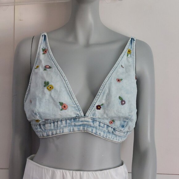 Wild Fable Denim Bra Top Size L Embroidery Floral Boho Festival Adjustable - Picture 2 of 13
